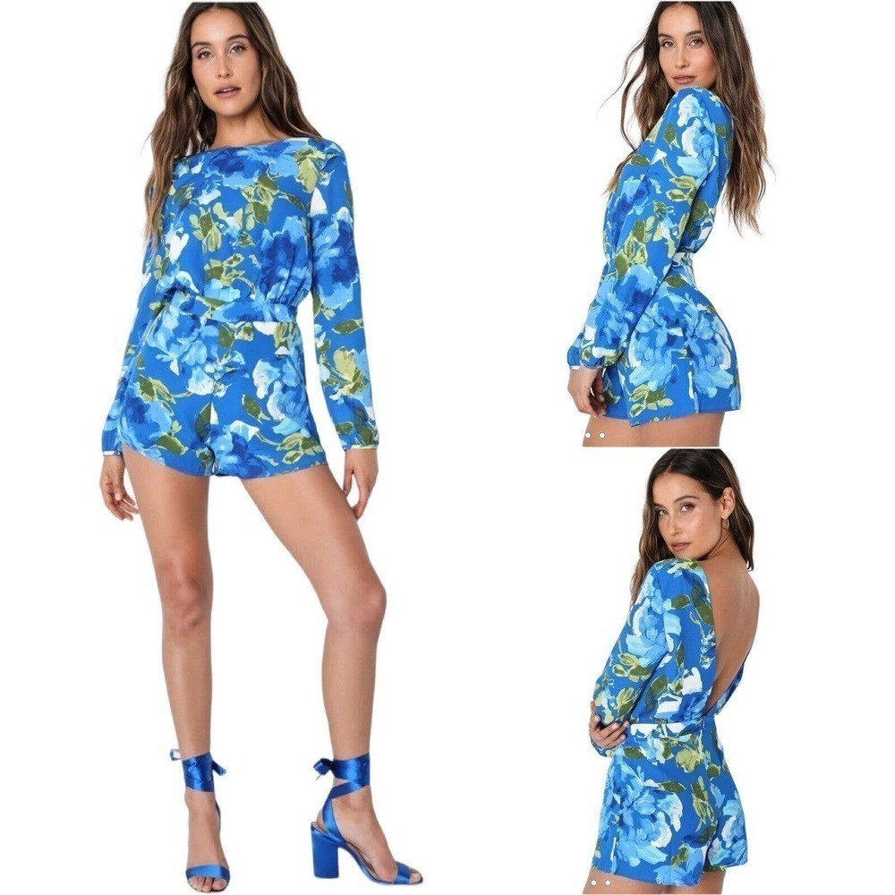 Lulus Sweetest Song Blue Floral Print Backless Long Sleeve Romper Size M
